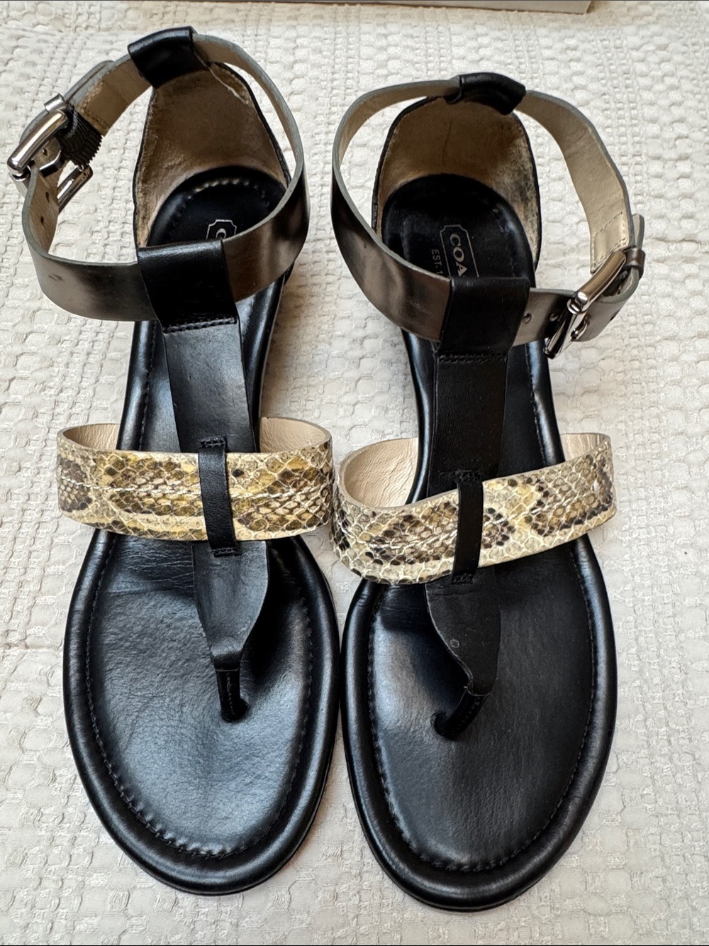 Coach Black Leather Sandals with Metallic Snake-Print Strap